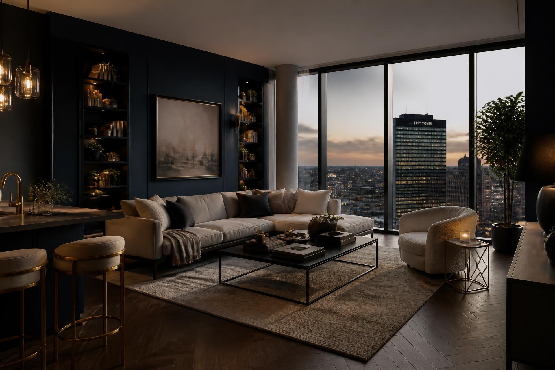 Elegantly styled short-let apartment living room with city skyline views at dusk